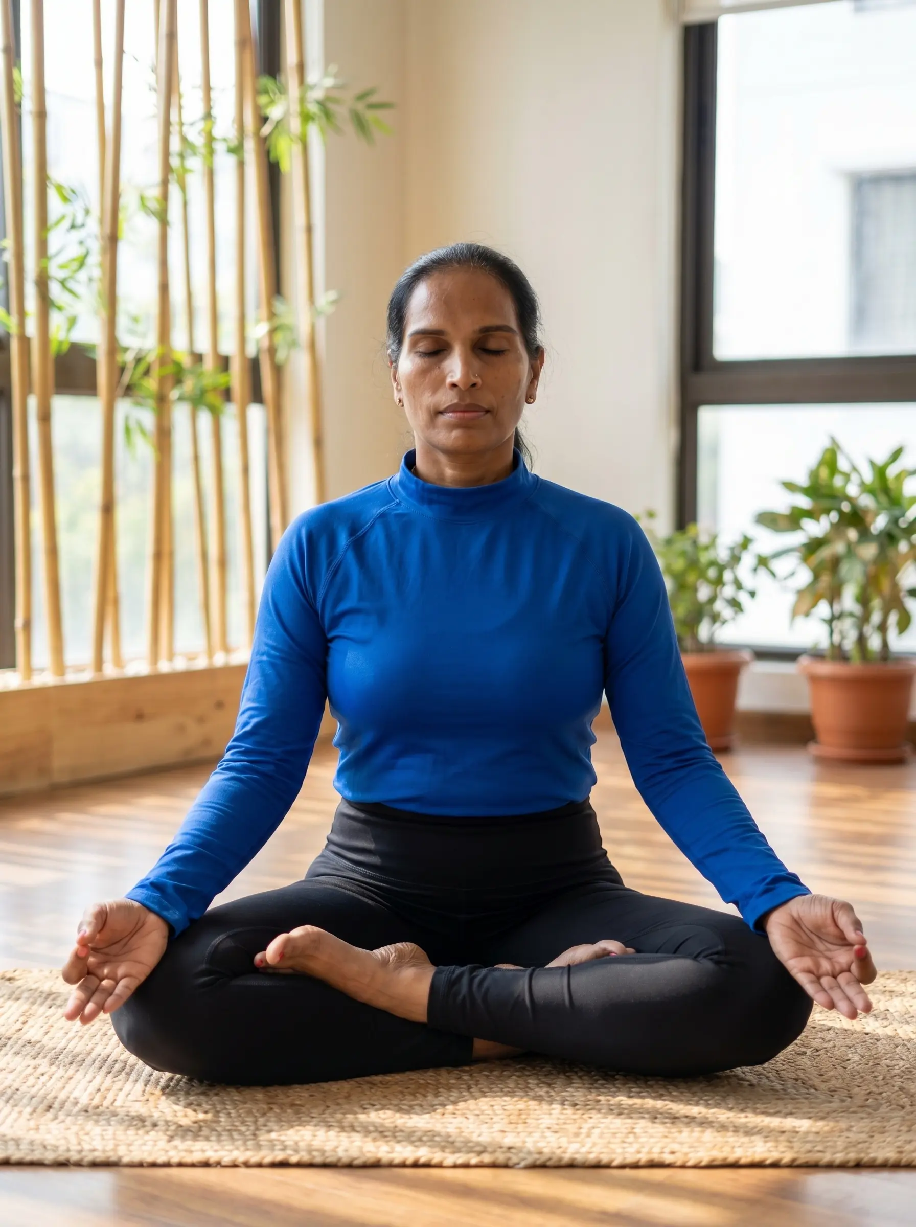 Professional yoga instructor leading online yoga classes in India, demonstrating a perfect seated Lotus pose for meditation and mindfulness.