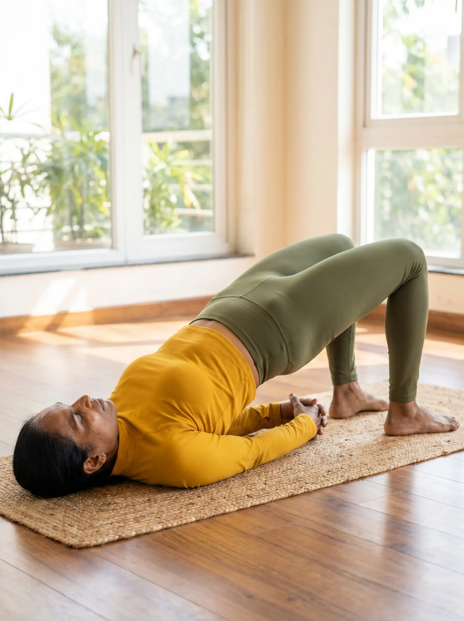 A composed yoga and fitness trainer in India demonstrating the Bridge Pose (Setu Bandhasana) on a mat during an online yoga class, wearing a mustard yellow long-sleeve top and olive green leggings.