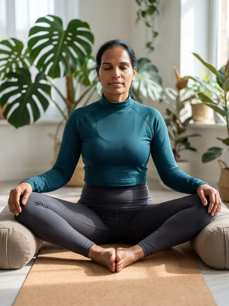 A calm Geetanjali in a seated Butterfly pose for PCOS Yoga, wearing her signature teal long-sleeve top and dark grey leggings in a sunlit studio.