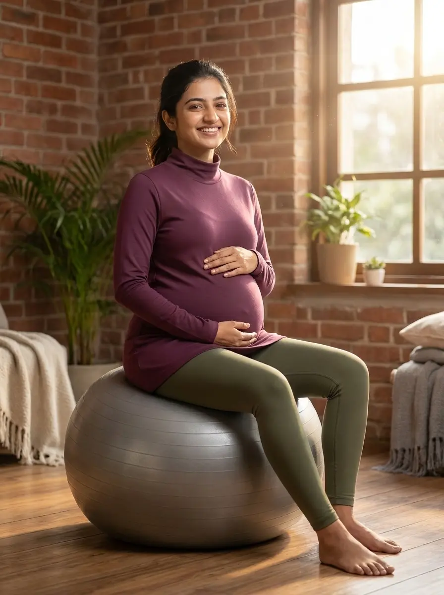 A radiant Geetanjali in a supportive fitness setting for Prenatal Yoga, wearing her signature deep teal long-sleeve athletic top and charcoal leggings.