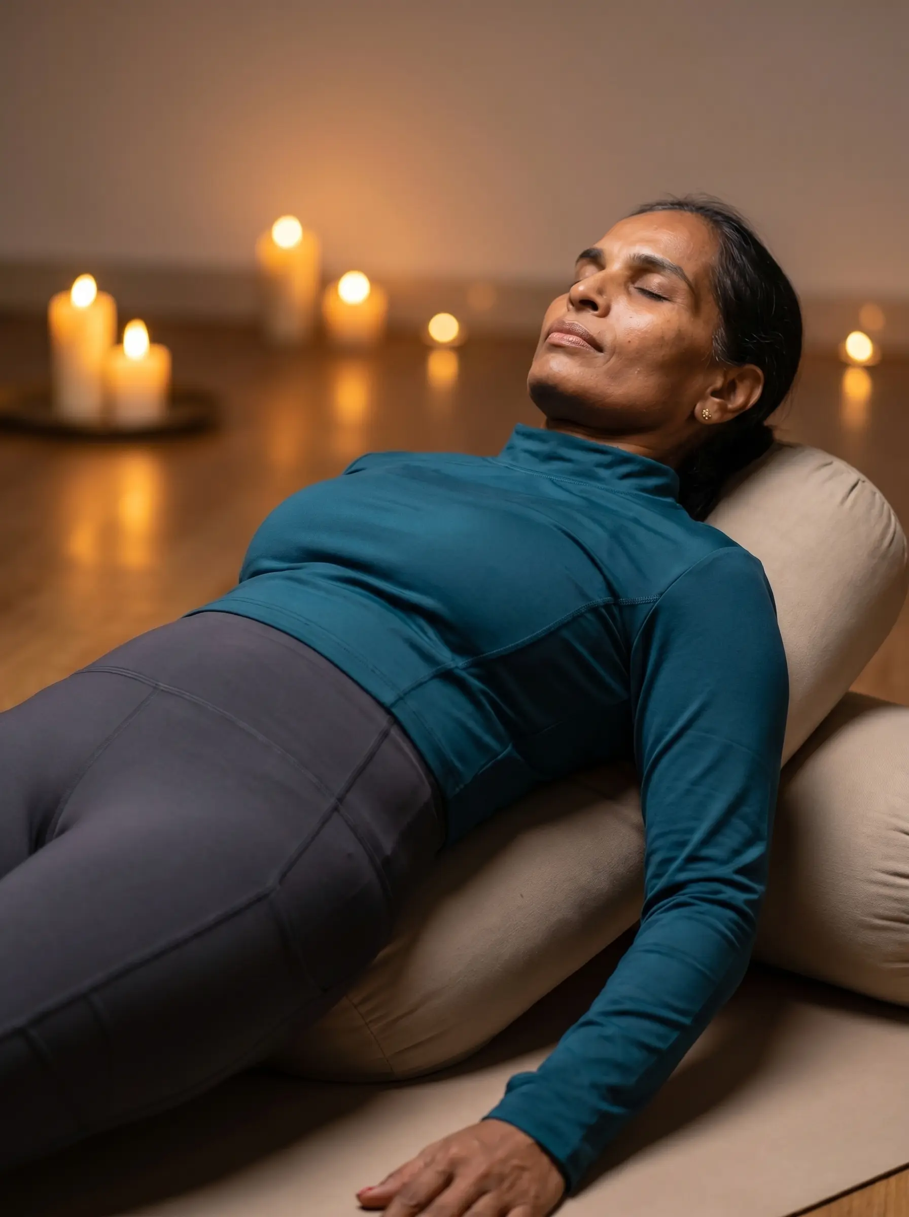 Geetanjali fully relaxed in Supported Bridge pose for Restorative Yoga, wearing her signature teal long-sleeve top and charcoal leggings in a dimly lit studio.