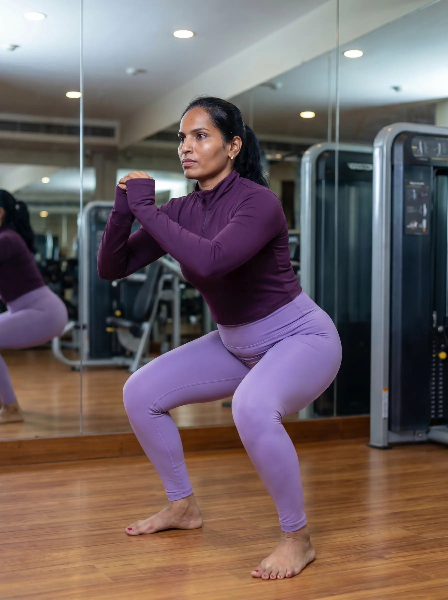 Female fitness coach demonstrating proper squat form for lower body strength during live online fitness classes in India.