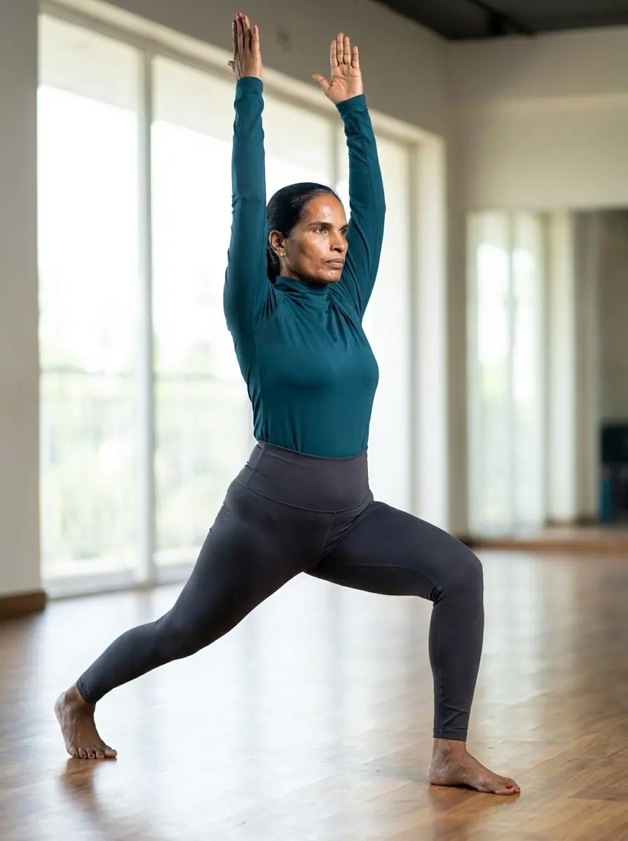 Geetanjali performing a strong High Lunge pose for Weight Loss Yoga in a bright studio, wearing her signature teal long-sleeve top and charcoal leggings.