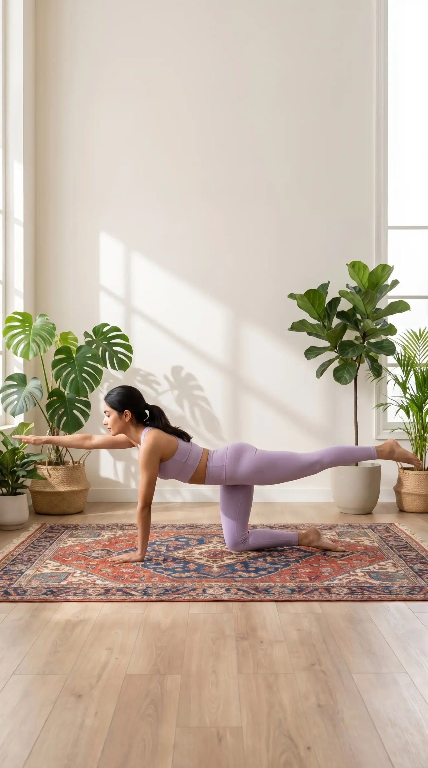 A fit female character performing a bird-dog exercise for core stability and back pain relief on a yoga mat in a natural home setting with plants, representing safe beginner strength training.