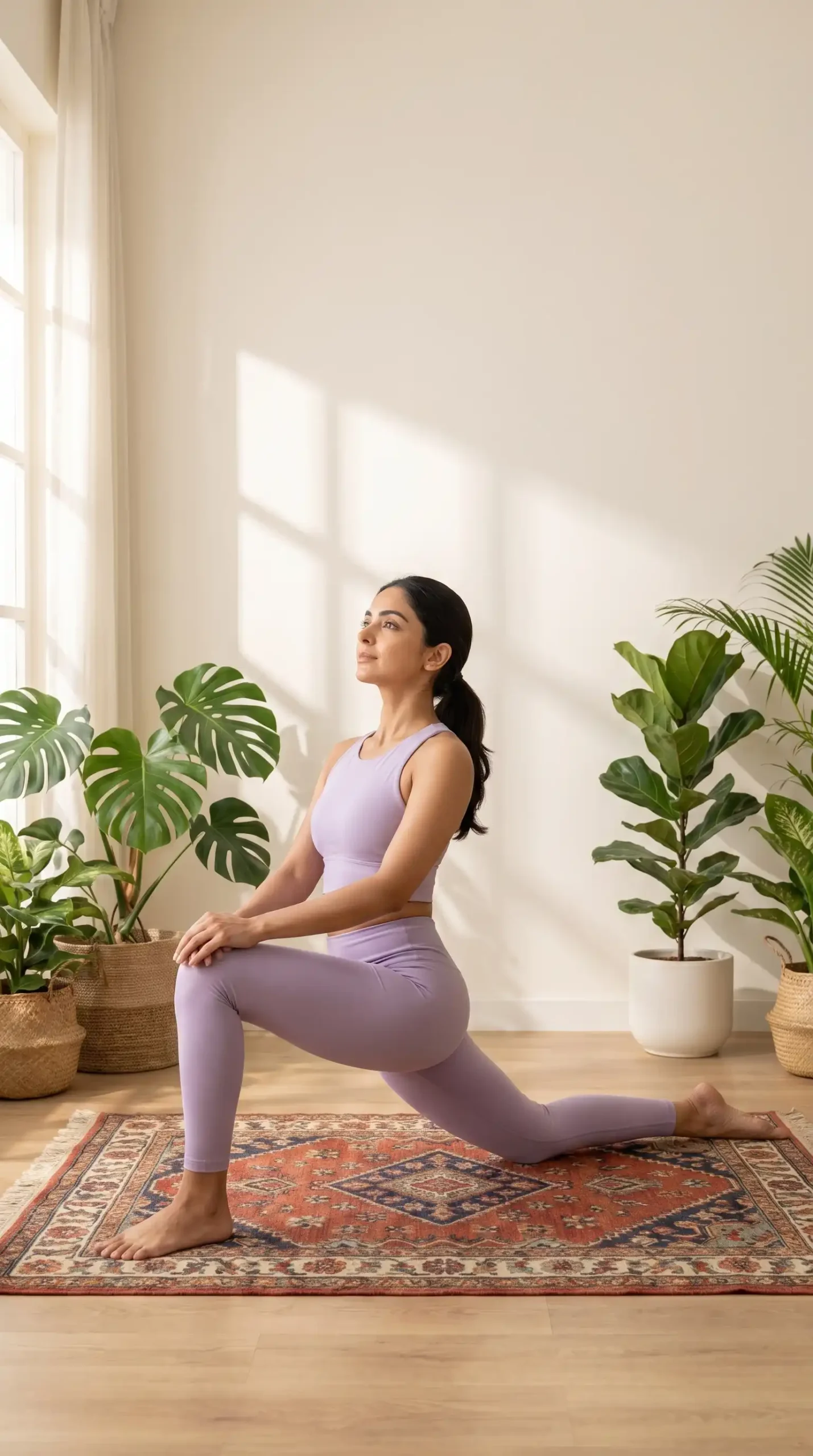 A fit female character performing a deep hip stretch to relieve morning stiffness and desk tension in a bright, aesthetic home with indoor plants.