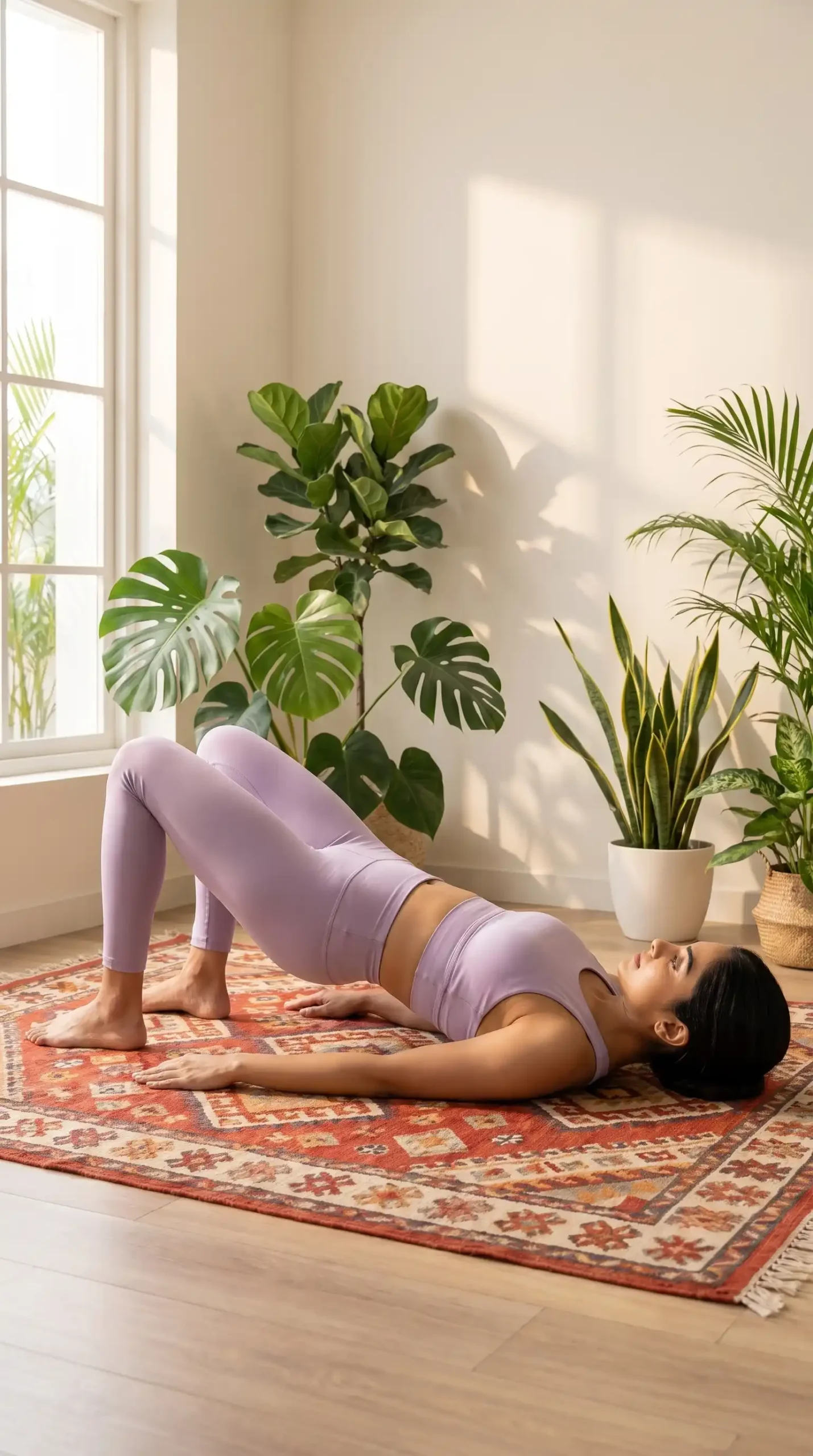 A fit female character performing a safe modified bridge pose on a yoga mat in a sunny home environment, representing pelvic floor strength and safe diastasis recti recovery exercises.