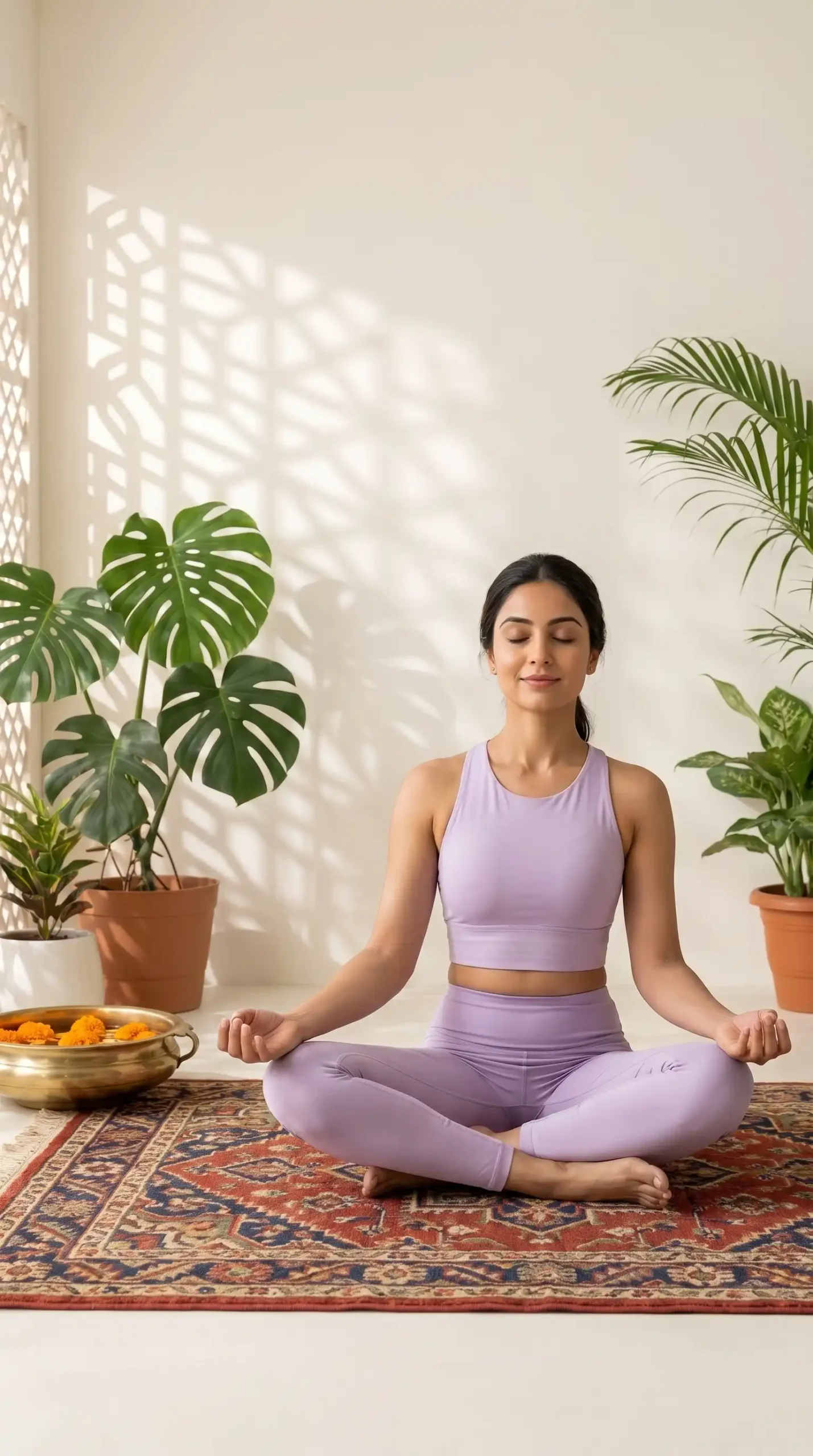 A fit female character demonstrating effortless sitting posture with a perfectly aligned spine in a warm, aesthetic home setting with indoor plants, representing core engagement and postural alignment.
