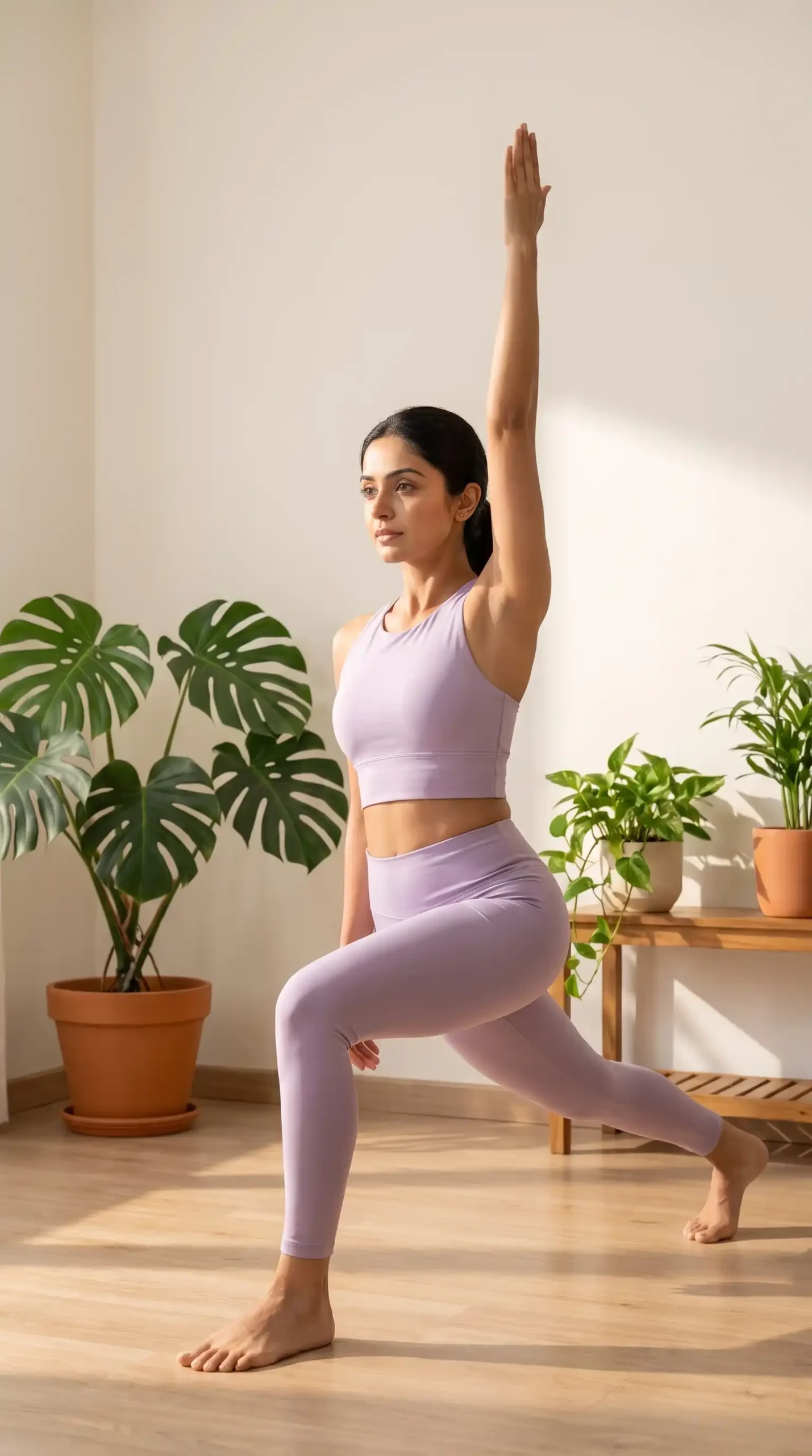 A fit female character performing a functional lunge and overhead reach in a warm, natural home setting, representing full-body coordination and joint health.