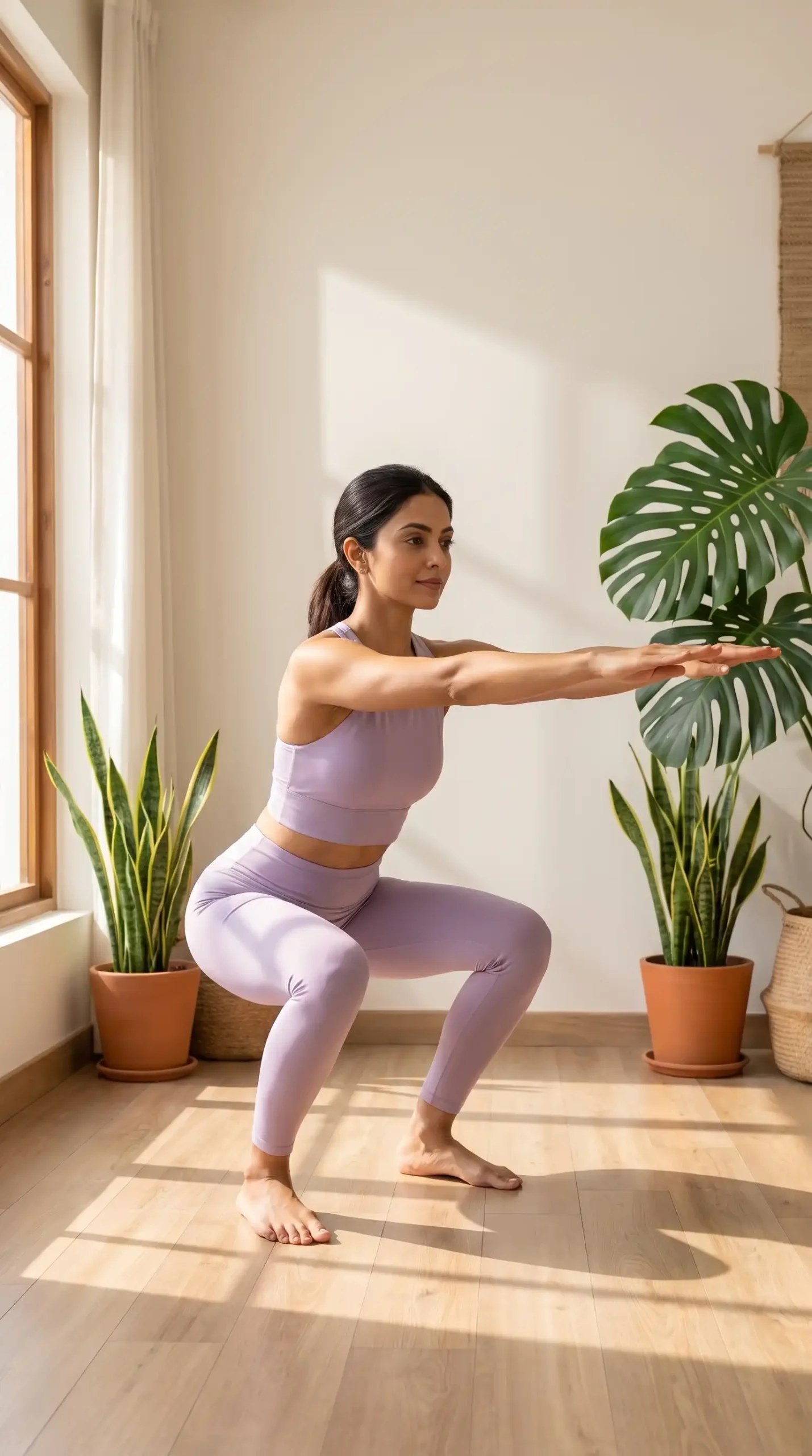 A fit female character demonstrating a grounded, functional bodyweight squat in a warm, aesthetic home setting with indoor plants, representing everyday physical conditioning.