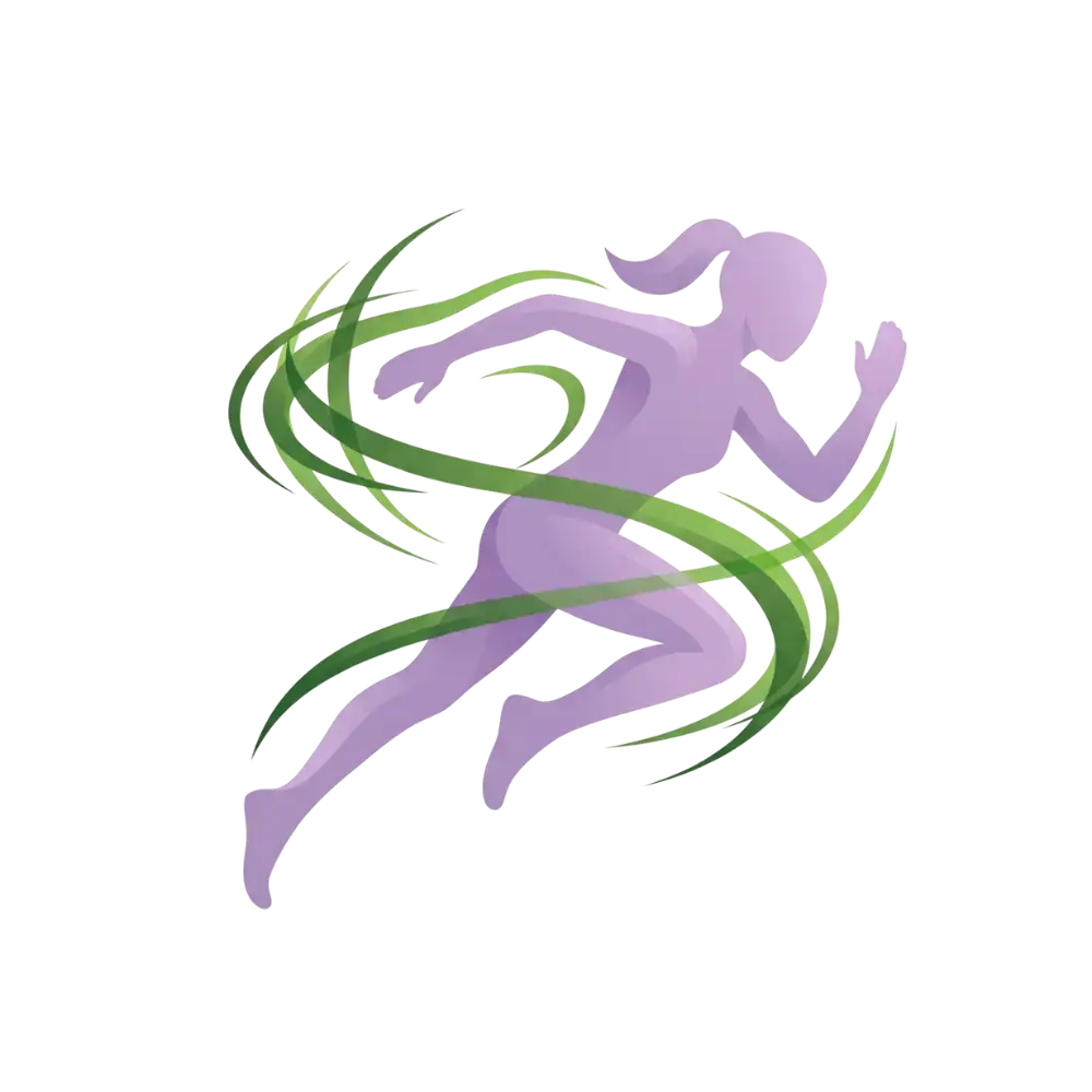 Lavender brand icon of a figure in a dynamic running motion with energetic green lines, representing the fat burn cardio program.