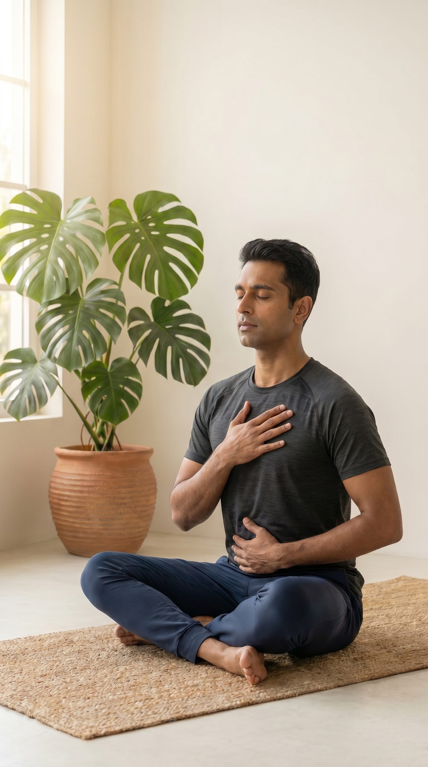 A person sitting peacefully on a yoga mat, resting a hand on their chest and taking a deep breath to relieve chronic stress, anxiety, and mental fatigue during a Geetanjali Yoga meditation session.