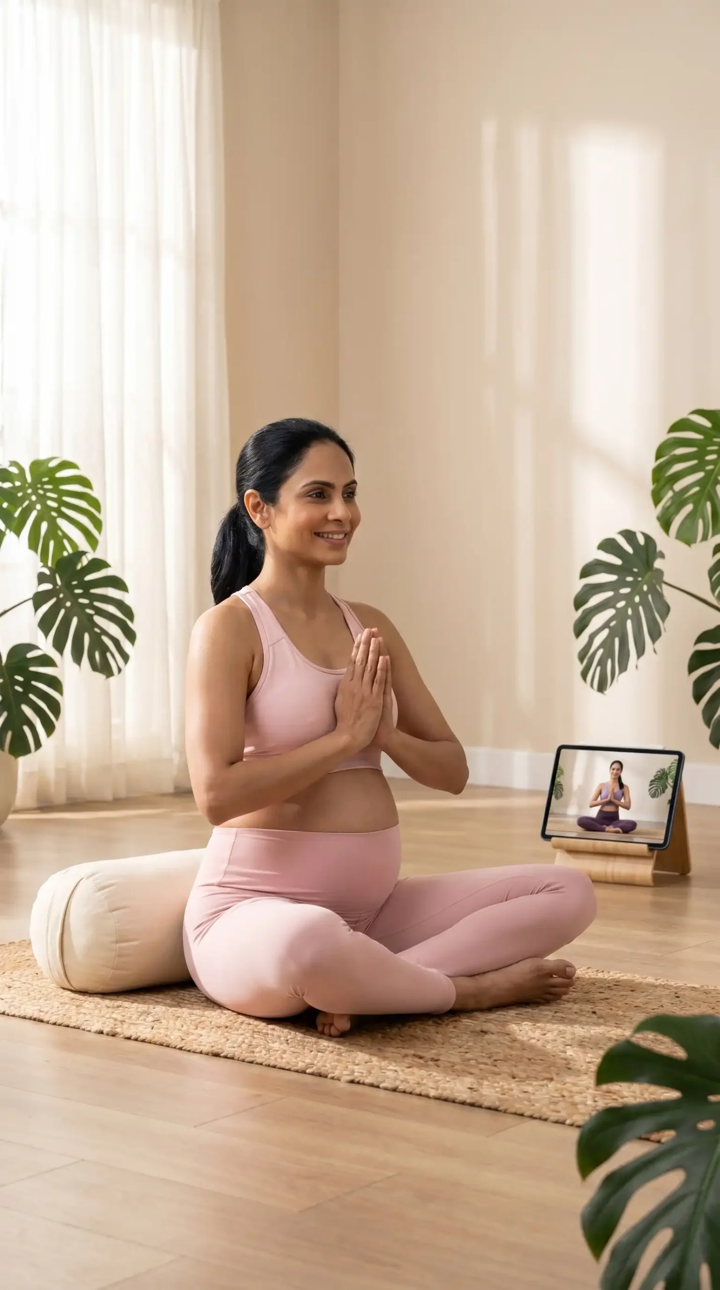 A pregnant woman practicing safe, guided prenatal yoga at home using a supportive bolster, following a live online trimester-by-trimester pregnancy fitness class by Geetanjali Yoga.