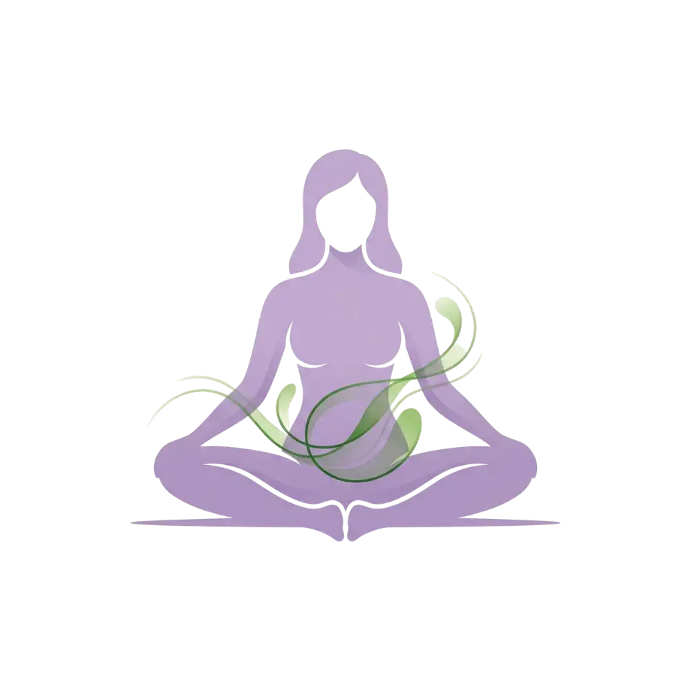 Geetanjali Yoga custom brand icon showing a lavender silhouette in Butterfly pose with gentle green swirling lines, symbolizing holistic healing for PCOS and hormonal balance.