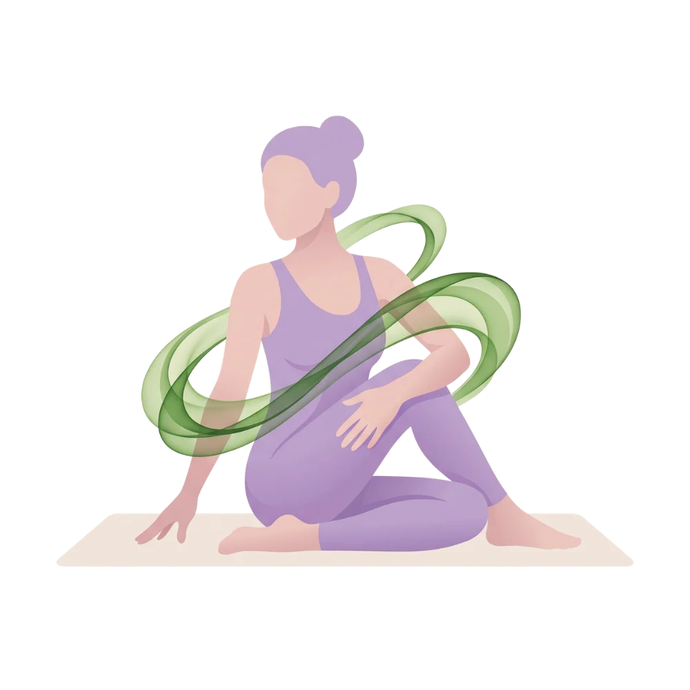 Lavender silhouette doing a gentle stretch with supportive green lines, representing safe core recovery in the postnatal fitness program.