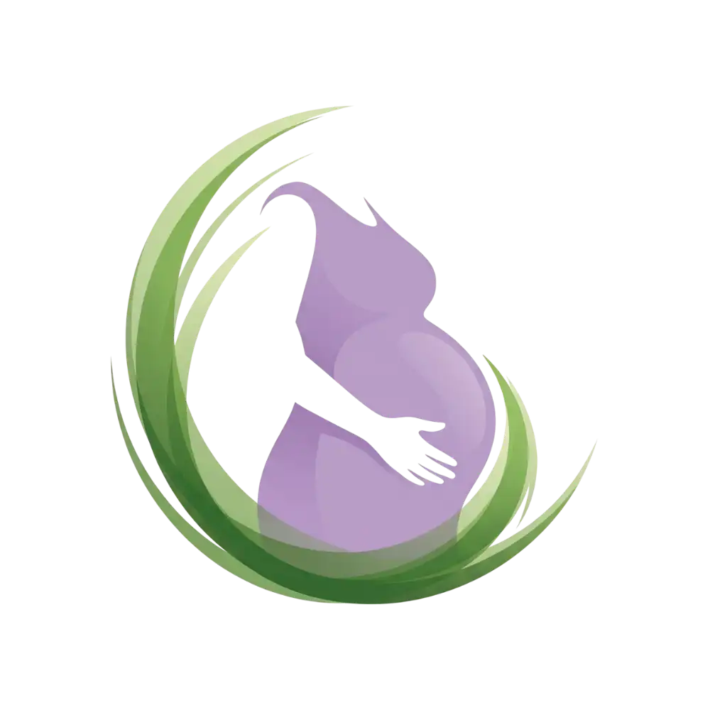 A lavender silhouette of an expecting mother with supportive green motion lines cradling her belly, representing the Geetanjali Yoga prenatal care program.