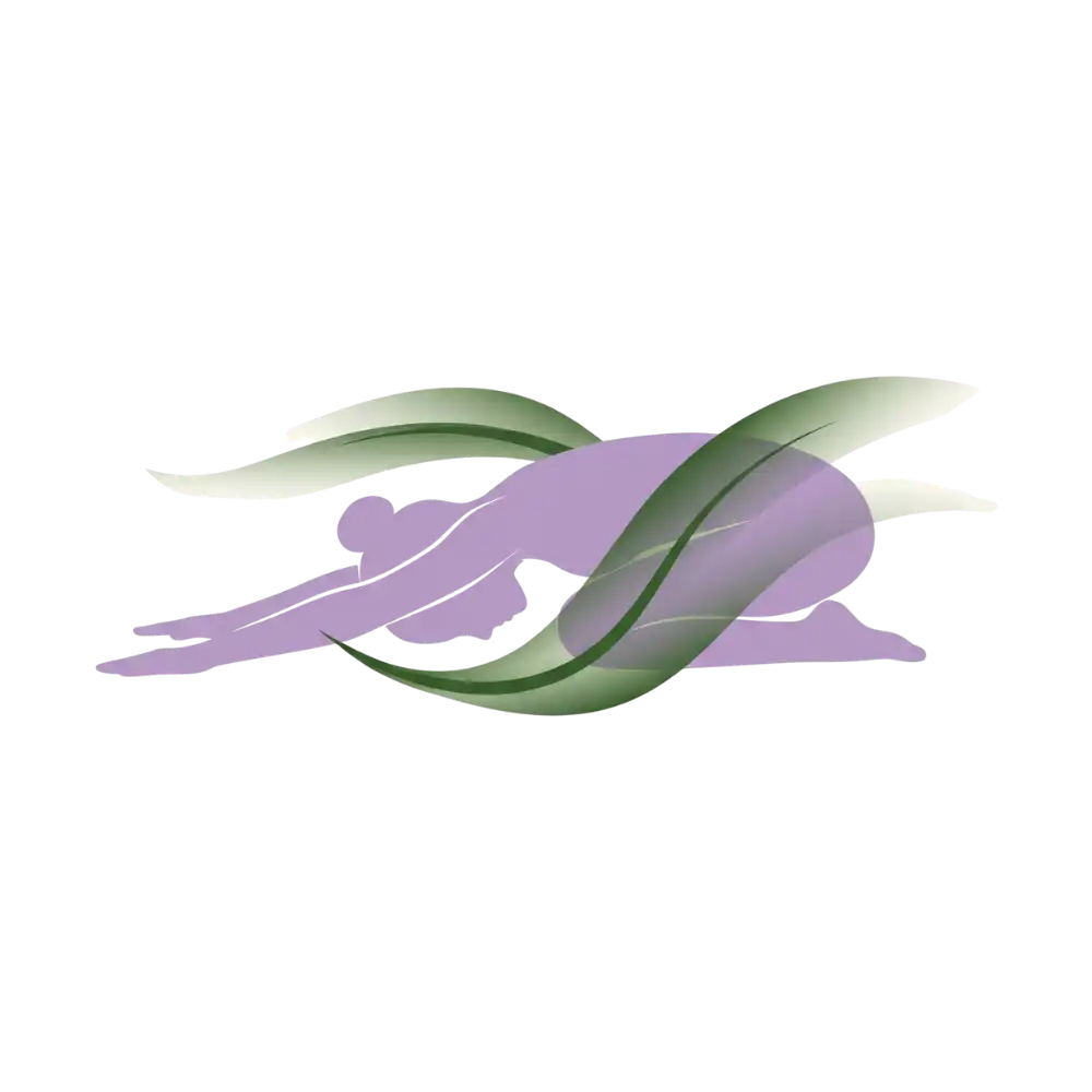 Lavender vector silhouette resting deeply in Child's pose with calming green motion lines, symbolizing physical relaxation in the Geetanjali Yoga restorative program.