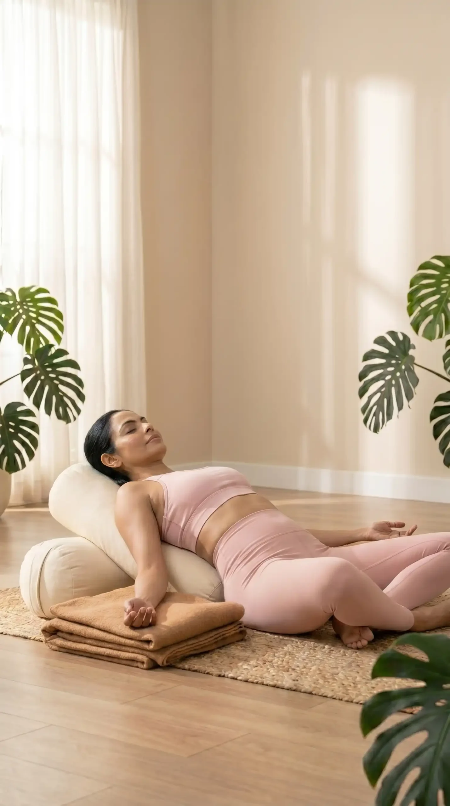 A person resting peacefully on a yoga mat, fully supported by a bolster and blankets in a restorative yoga pose to relax the nervous system during a Geetanjali Yoga session.