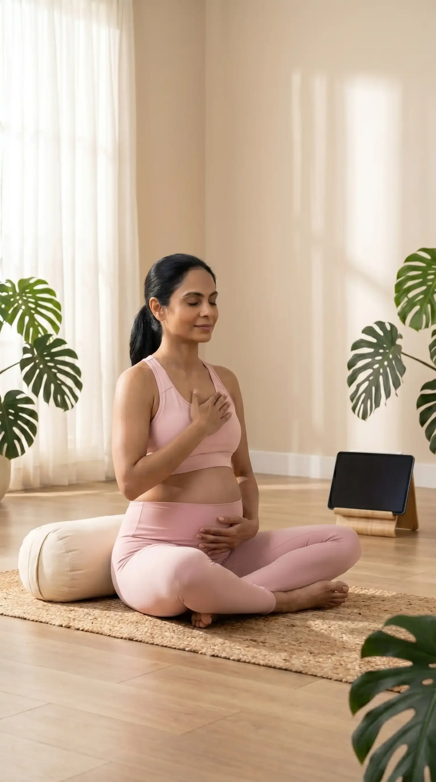 A pregnant woman resting her hand on her belly while practicing deep breathwork and safe pregnancy exercises to relieve anxiety and back pain, guided by Geetanjali Yoga.