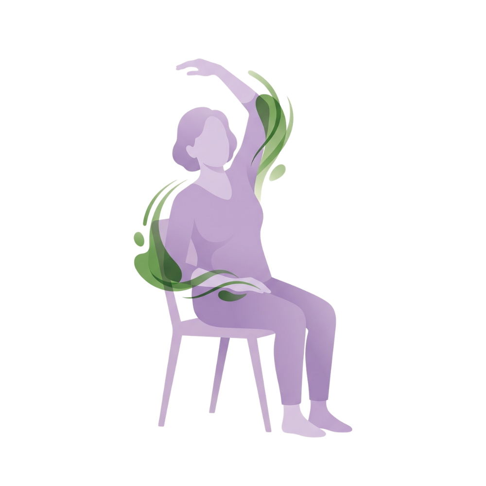 Vector icon of an older adult doing a gentle chair stretch with smooth green lines, representing the active aging and senior fitness program.