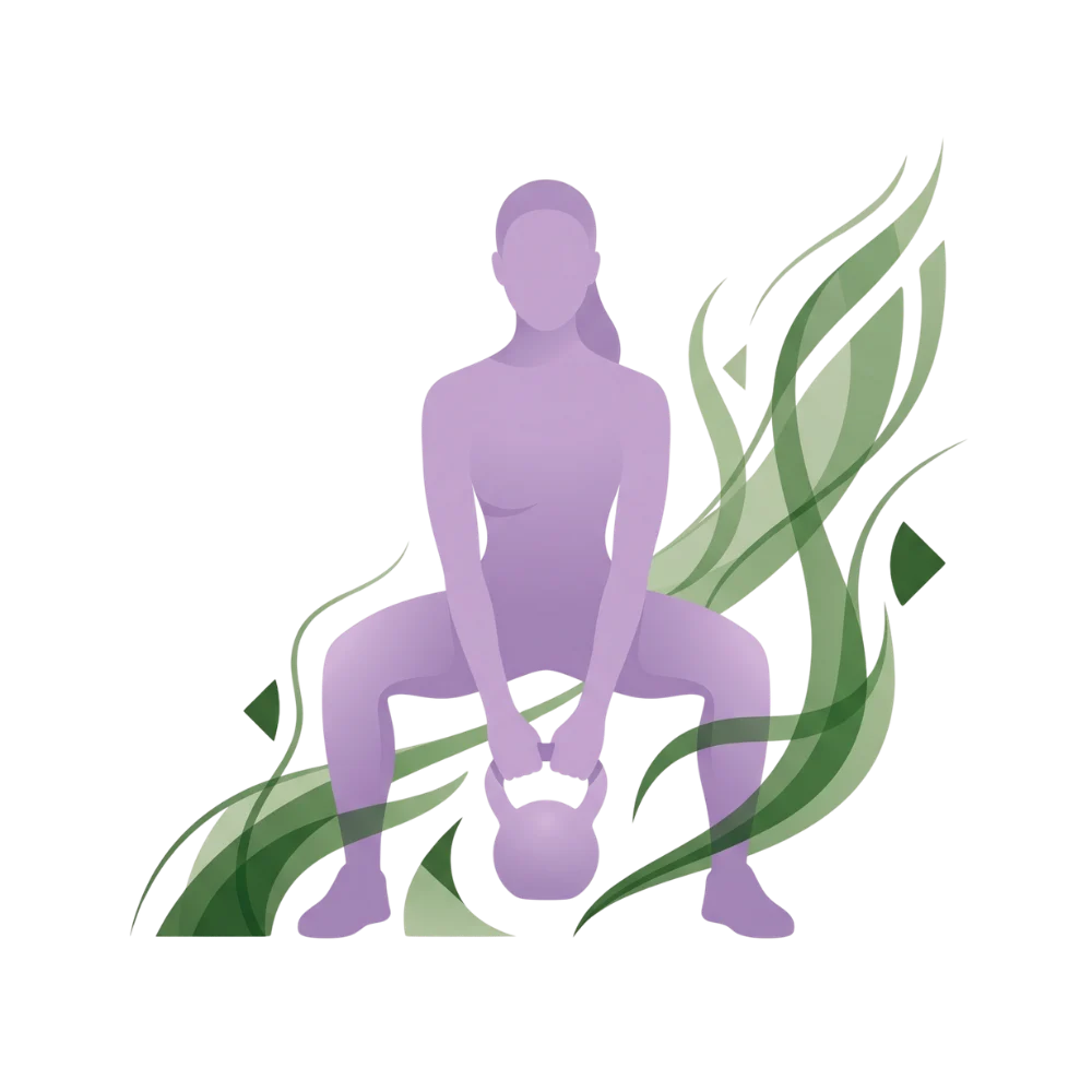 Custom brand vector of a figure doing a kettlebell squat with powerful green lines, symbolizing the strength building program.