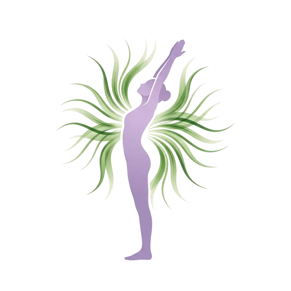 Brand vector icon of a woman reaching upward with radiant green lines, representing the Geetanjali Yoga daily Surya Namaskar and morning energy practice.