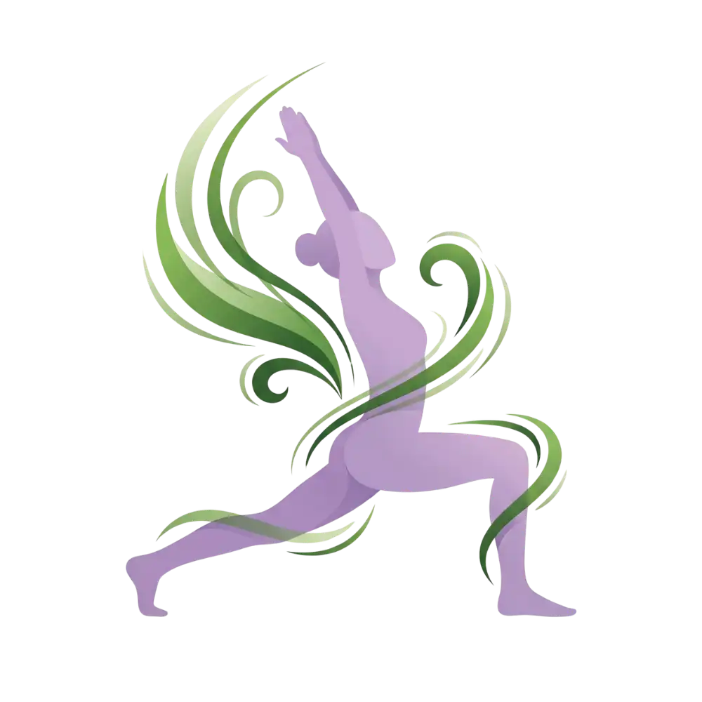 A custom brand icon for Geetanjali Yoga featuring a lavender female silhouette in a dynamic lunge with vibrant green motion lines, representing the online weight loss program.