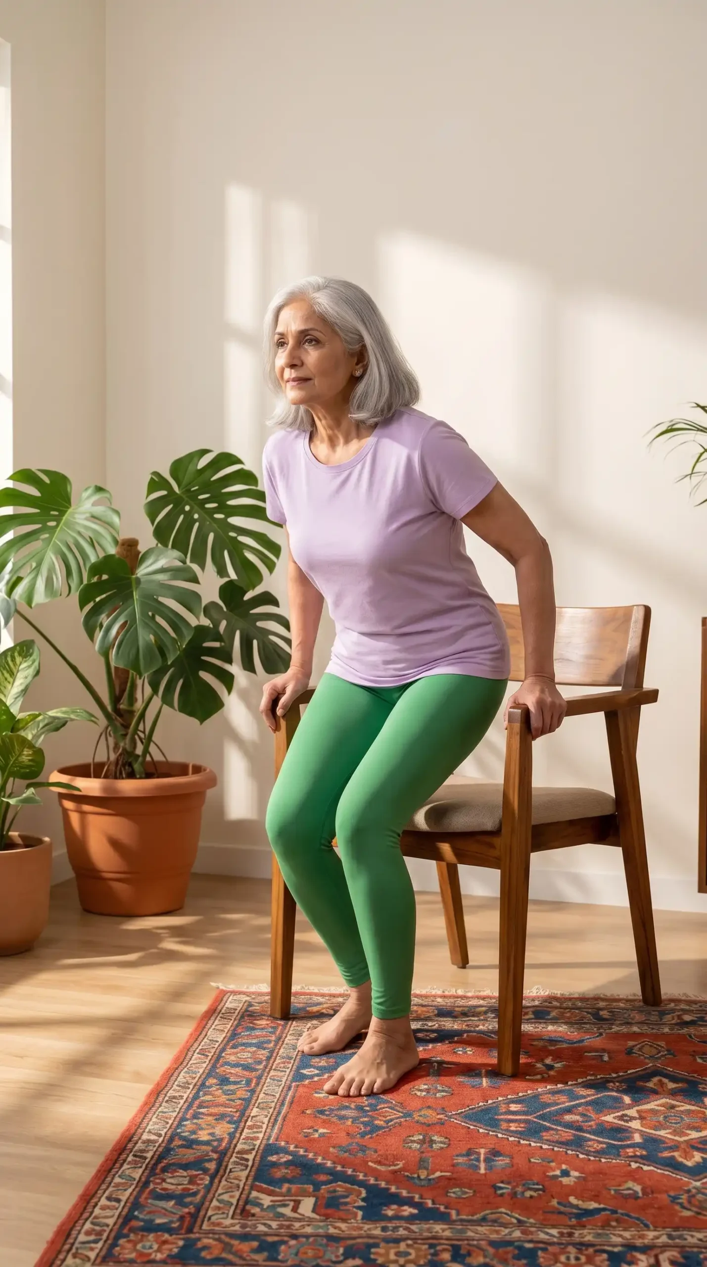 An active senior woman performing a safe sit-to-stand chair exercise in a bright, plant-filled home, representing physical independence, joint health, and fall prevention for older adults.