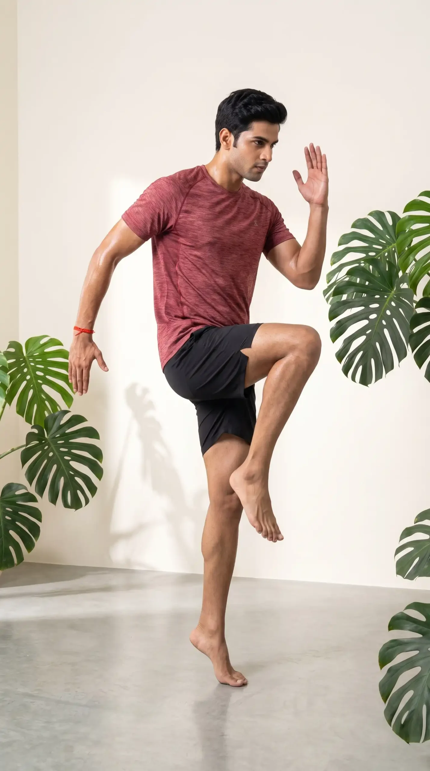 character demonstrating a high-knee cardio exercise in a bright studio, representing beginner cardio endurance training.