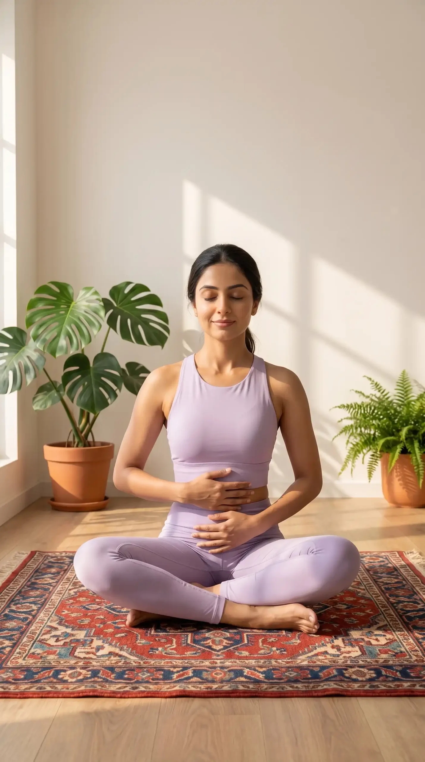 A fit female character sitting peacefully with hands resting on her lower belly in a bright, plant-filled room, representing deep postpartum healing, core rehabilitation, and maternal wellness.