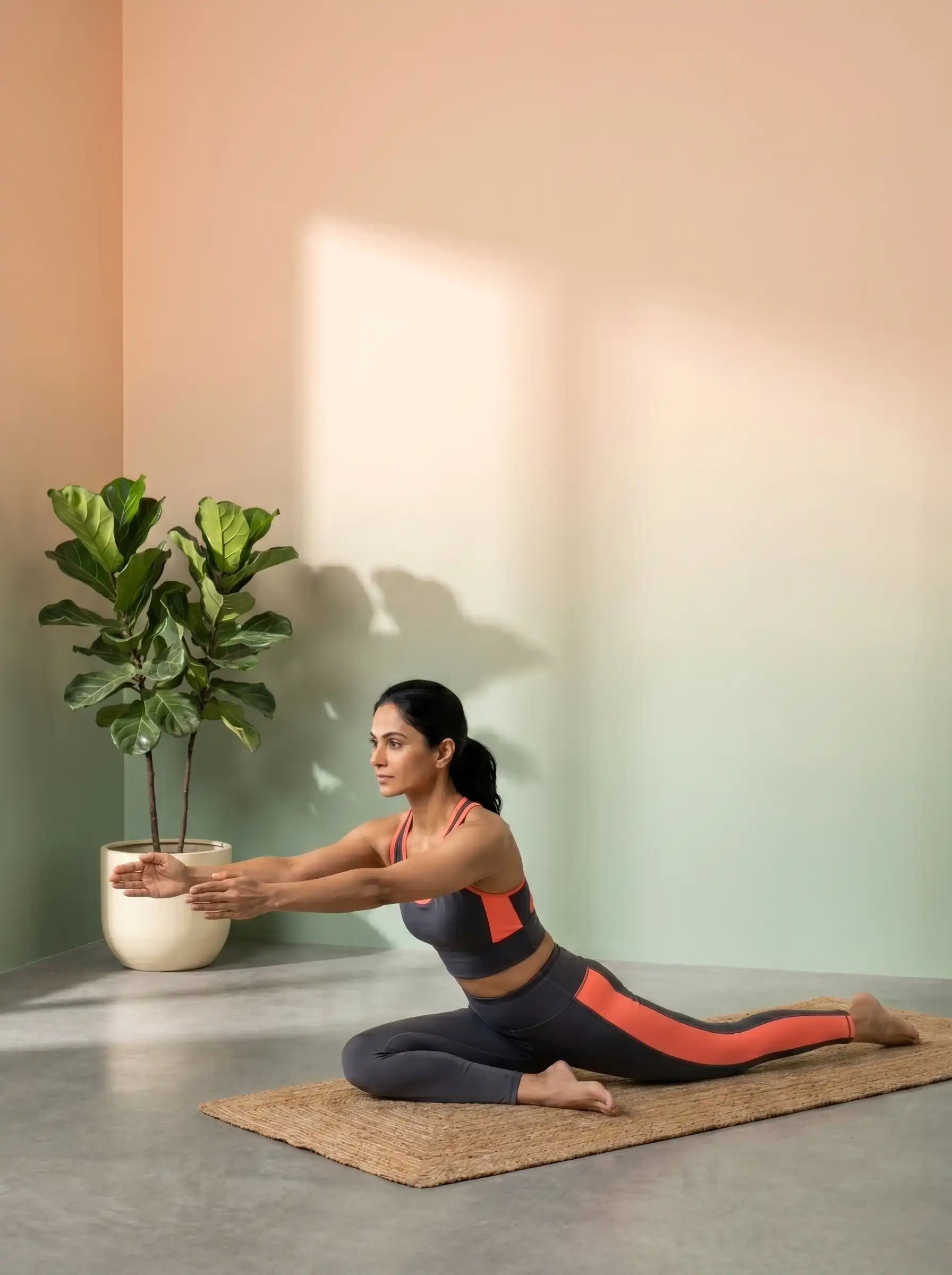 Experienced yoga instructor practicing a deep Pigeon Pose split, highlighting her deep understanding of flexibility and restorative hip healing.