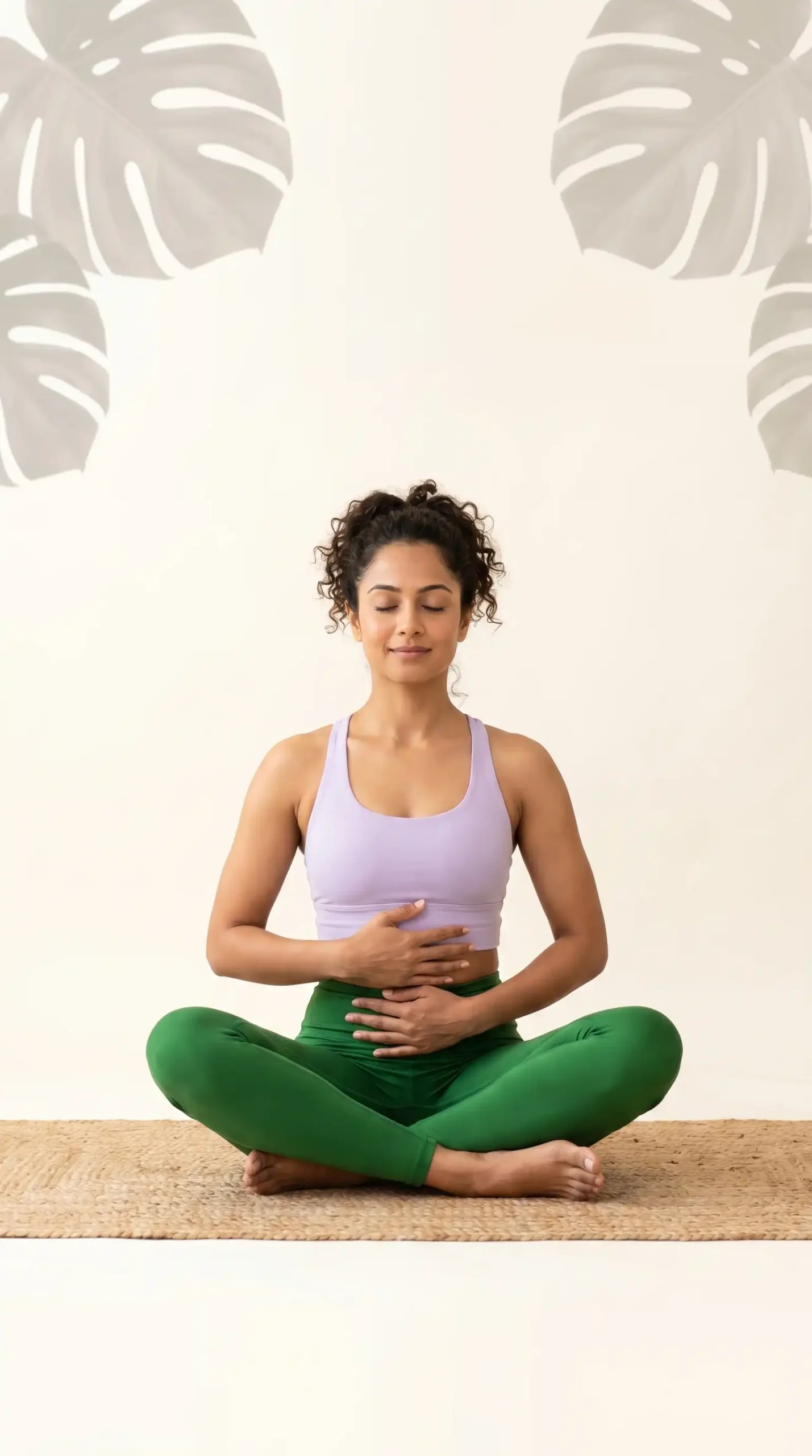 An elegant Indian woman in lavender activewear sitting peacefully in Easy Pose with her hands over her lower abdomen, illustrating restorative PCOS yoga support for reproductive health and hormonal balance.