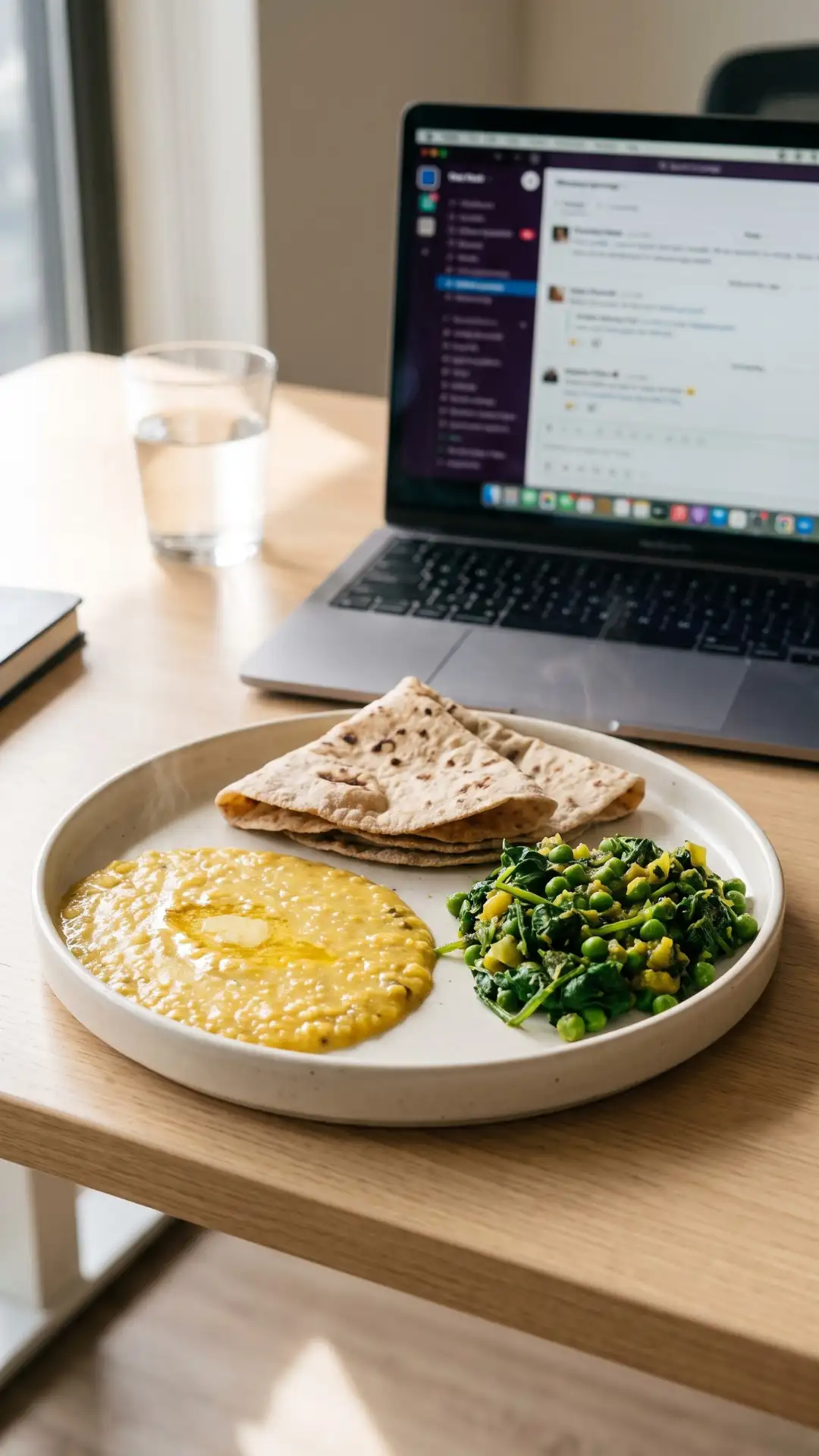 A wholesome, home-cooked traditional Indian meal placed on a professional's desk, symbolizing a sustainable, non-restrictive diet plan designed to stabilize blood sugar and eliminate daily fatigue.